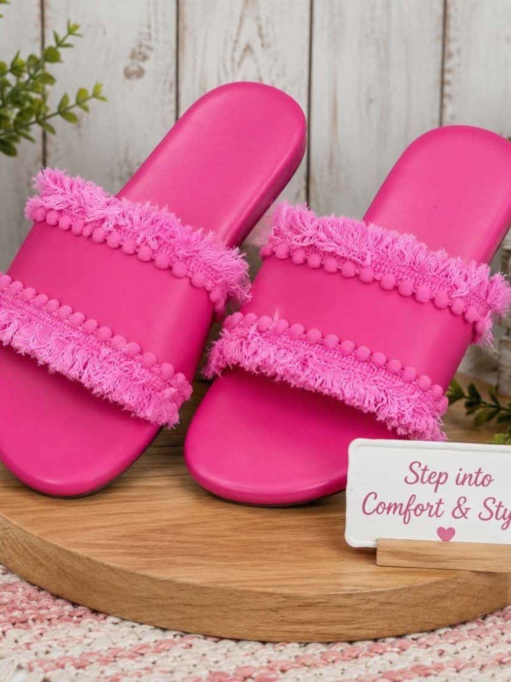 Hot Pink Fringe Pom Slide Sandals